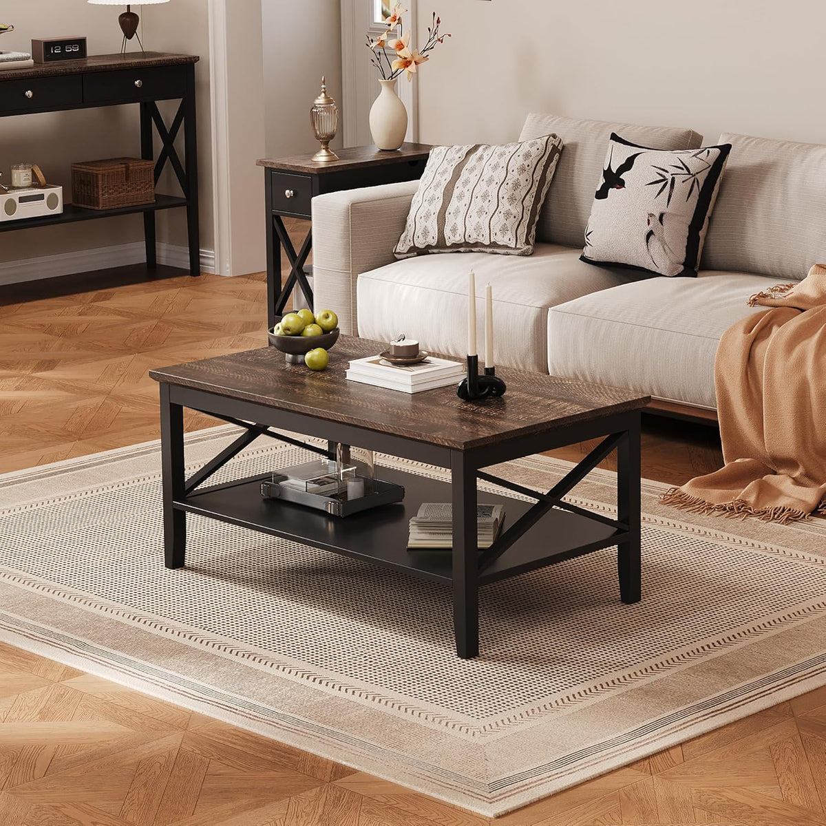 ChooChoo Coffee Table, Wooden Coffee Tables with Thicker Legs, Black Coffee Table with Storage for Living Room