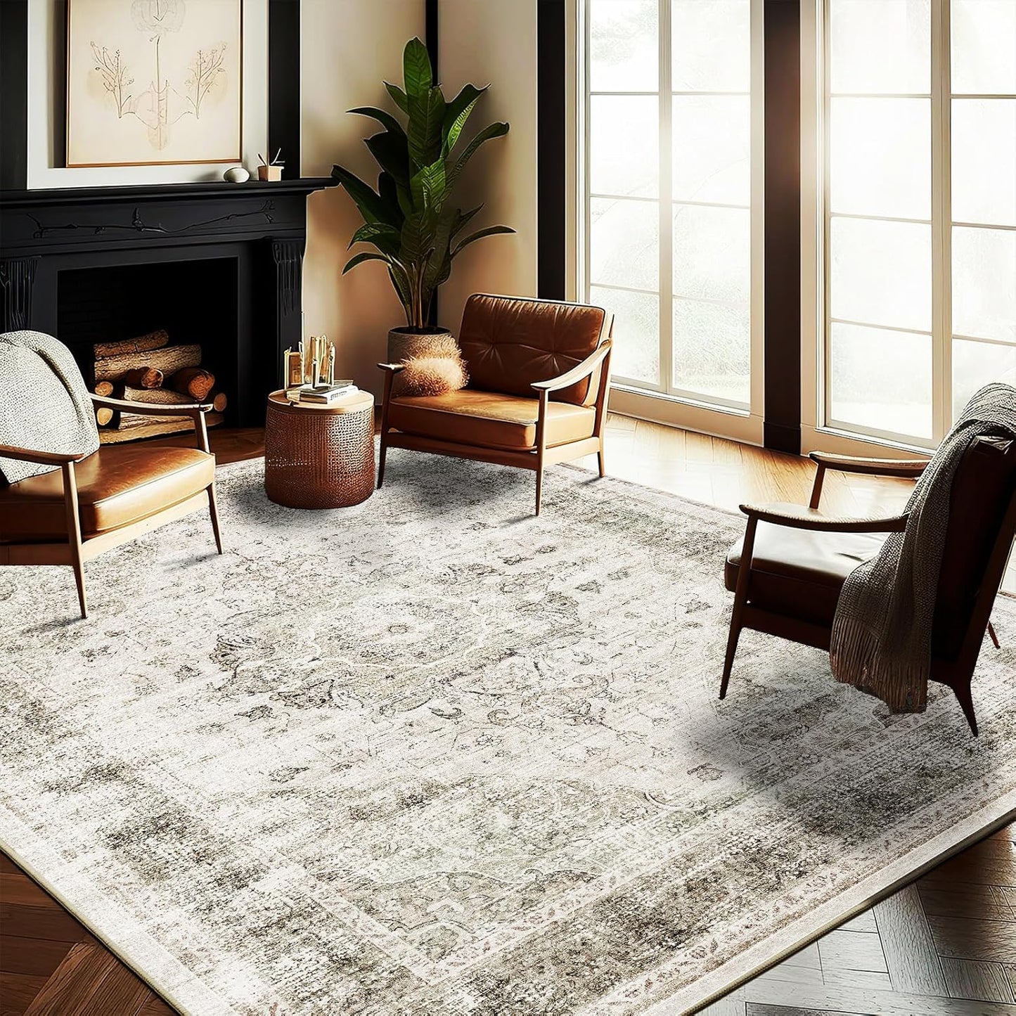 Washable Area Rug 10'x14' Floral Khaki Boho Design Non-Shedding Easy Care Ideal for High Traffic Areas in Living Room Bedroom Office Coffee Table Kitchen Large Carpet