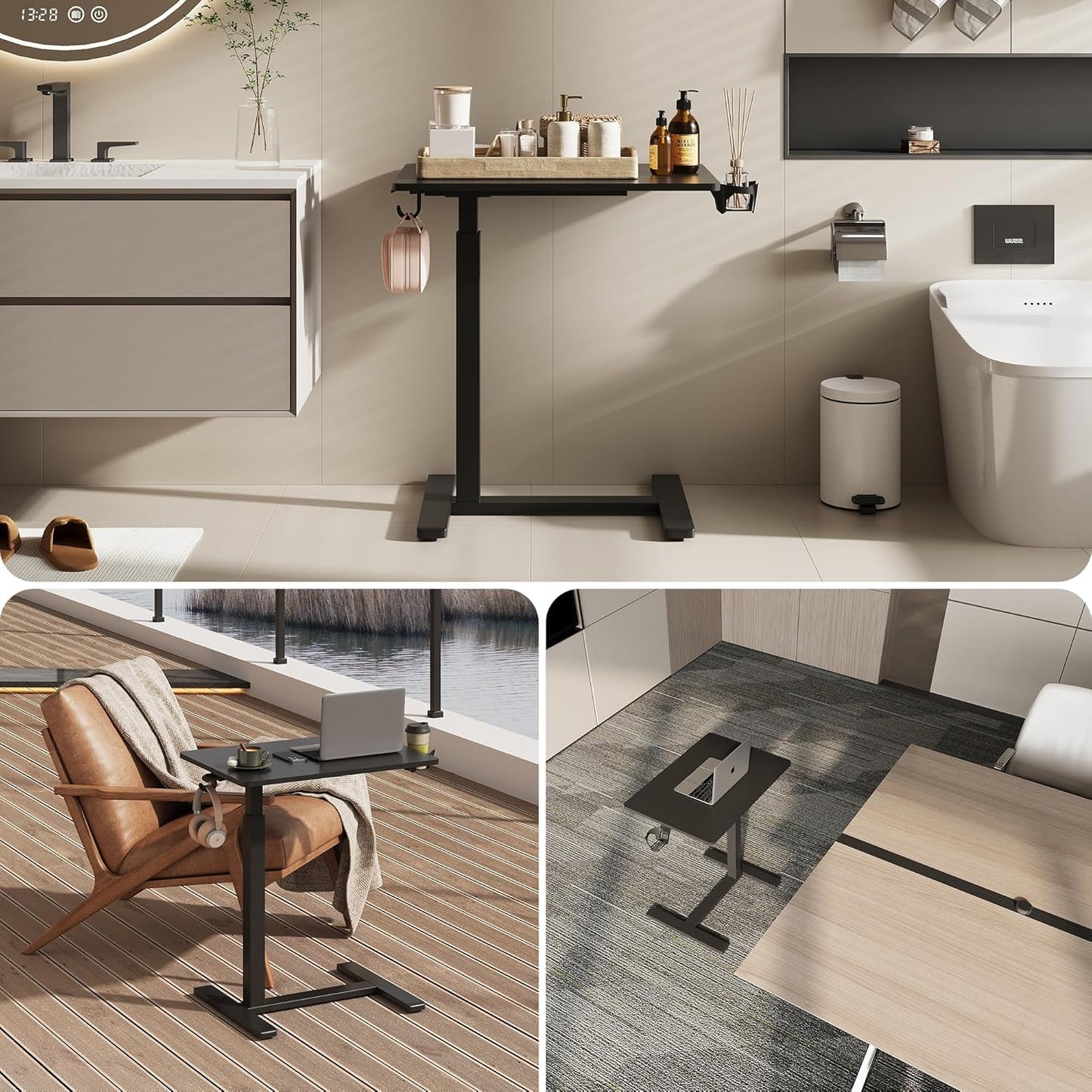 Gas Spring Adjustable Height Rolling Portable Laptop Desk, Mobile Standing Desk on Wheels, Small Sit Stand Desk with Laptop Stand/Cup Holder/Hook (Black, 26"x19")