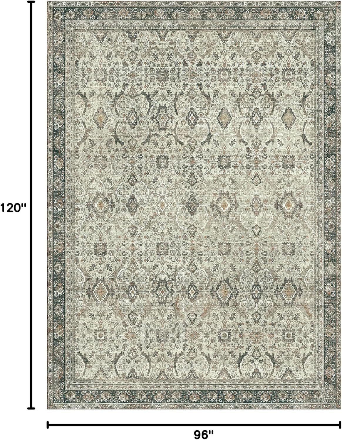 8X10 Area Rugs Machine Washable Rugs for Living Room, Vintage Boho Large Rugs for Bedroom Dining Room, Non Slip Indoor Soft Distressed Lightweight Thin Low Pile Carpet, Tan