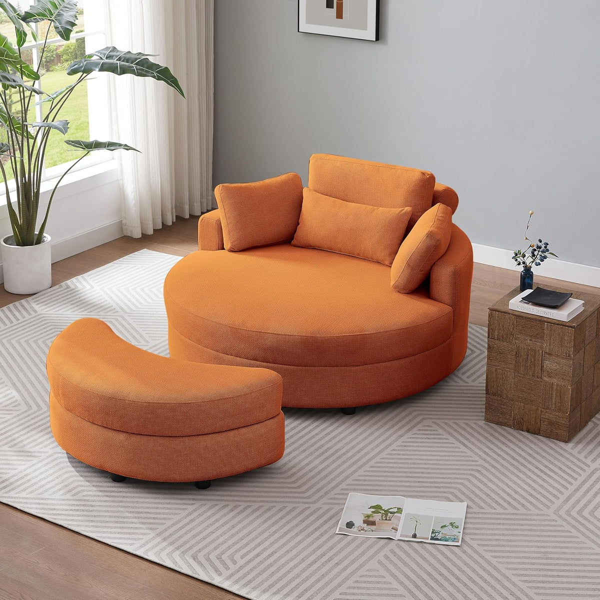51.2'' Oversized Barrel Armchair with Storage Ottoman，Round Single Reading Upholstered Chairs,Recliner Sofa Chaise with 4 Movable Pillows for Living Room(Orange+Linen)