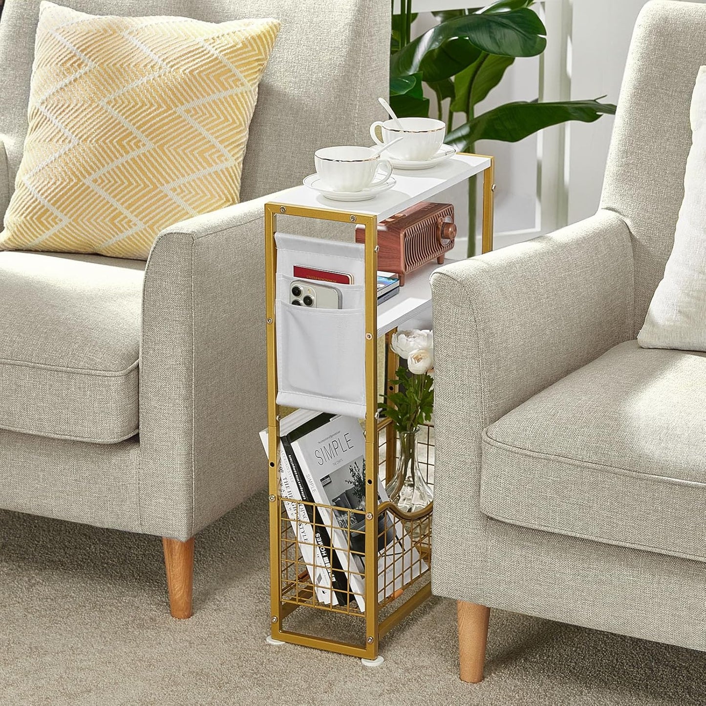Narrow Side Table, Skinny Small End Tables with Magazine Holder, 3 Tier Small Sofa Side Table for Smalls Spaces, Sofa Couch Tables Bedside Table for Living Room Bedroom Office