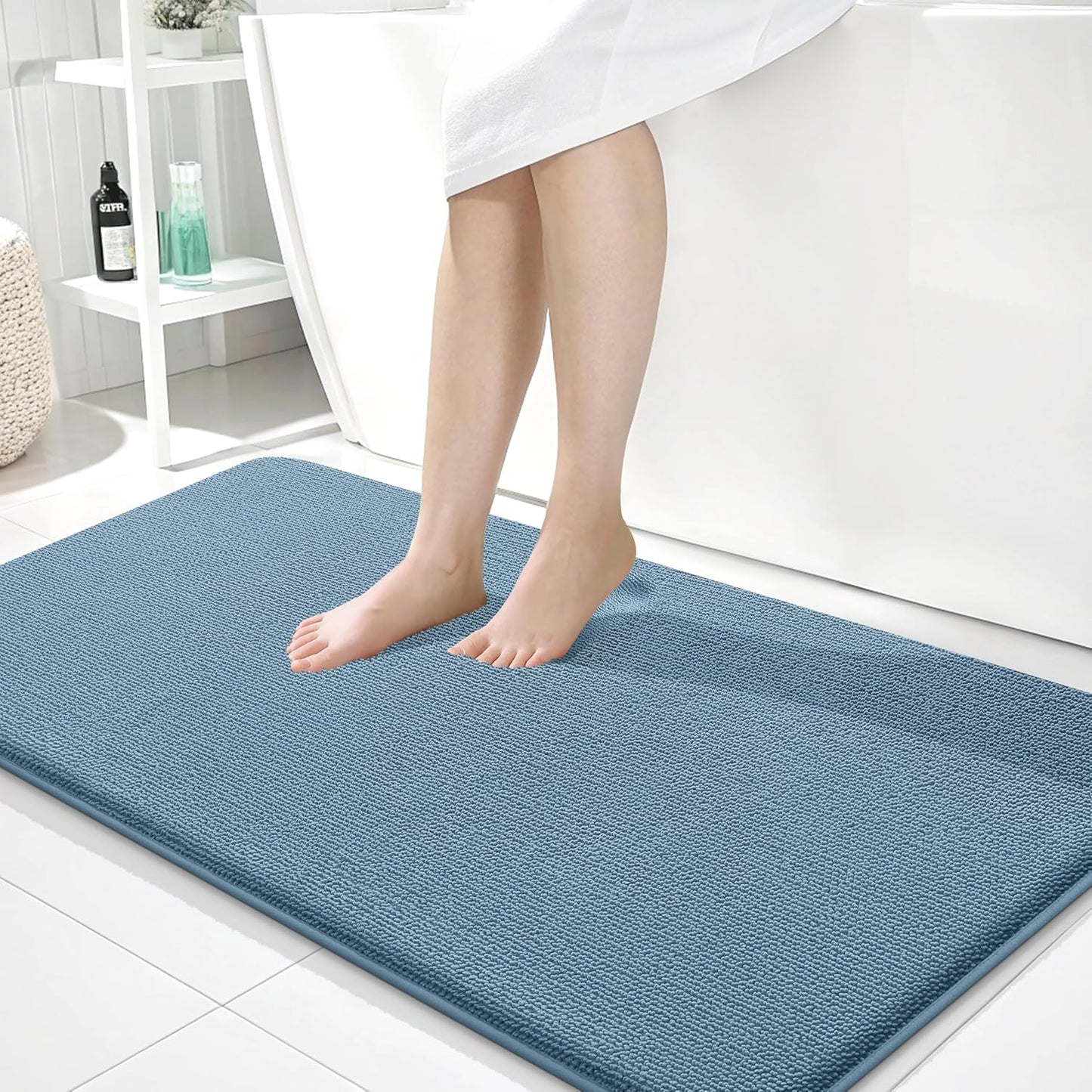 OLANLY Thick Memory Foam Bath Mat Rug 44x24, Extra Soft Absorbent Bathroom Rug, Quick Dry Bath Mats, Non-Slip, Machine Washable Carpet for Bathroom, Tub and Shower, Home Decor Accessories, Airy Blue