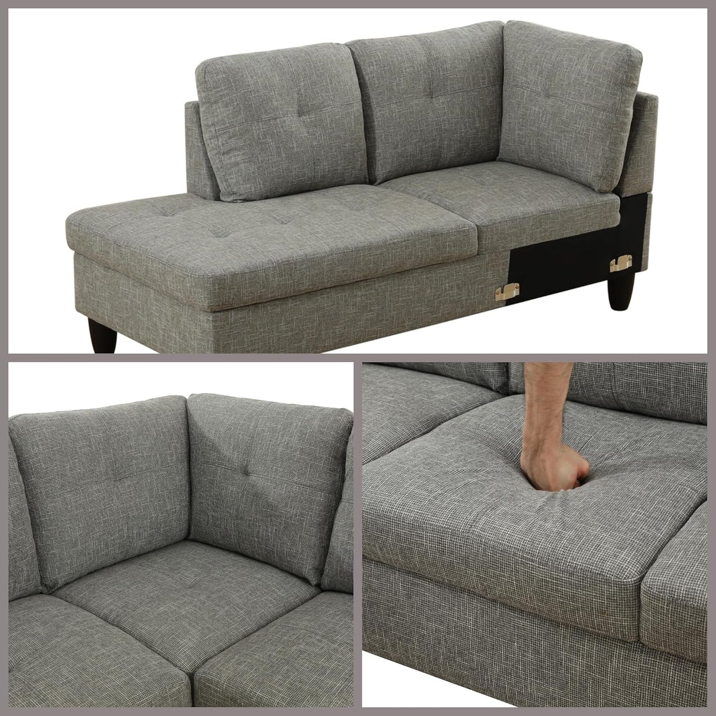 L Shaped Couch Sectional Couches with Chaise, 3 Pieces Modular Convertible Sofa for Living Room Furniture Sets and Small Apartment, Grey