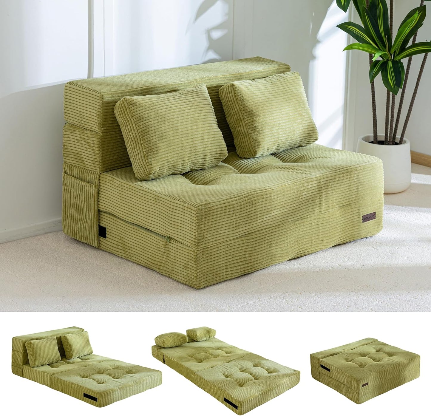 MAXYOYO Convertible Sofa Bed, Fold Out Sleeper Sofa with Pillow, 4 in 1 Tufted Folding Couch Bed Foam Floor Couch, Lazy Chair for Living Room Bedroom Guest Room, Green