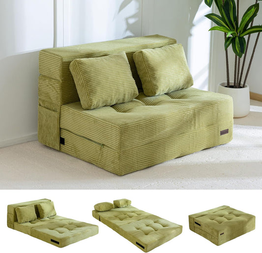 MAXYOYO Convertible Sofa Bed, Fold Out Sleeper Sofa with Pillow, 4 in 1 Tufted Folding Couch Bed Foam Floor Couch, Lazy Chair for Living Room Bedroom Guest Room, Green