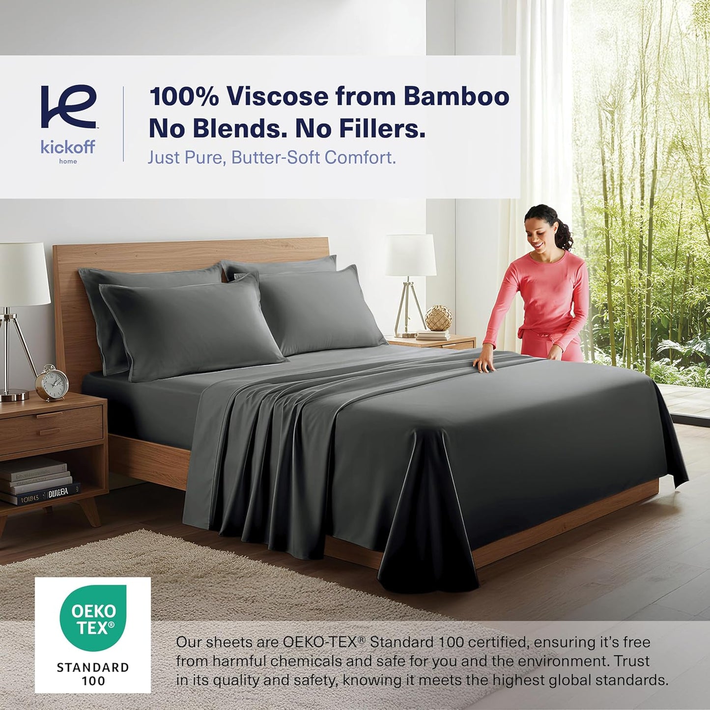 Kickoff Viscose Bamboo Sheets Twin XL Size 3-pc 100% Organic Bamboo Viscose Bed Cooling Sheets Twin XL Size Set Cool Bedding for hot Sleepers Sheet, Flat, Fitted, Pillowcase (Pewter, TXL)