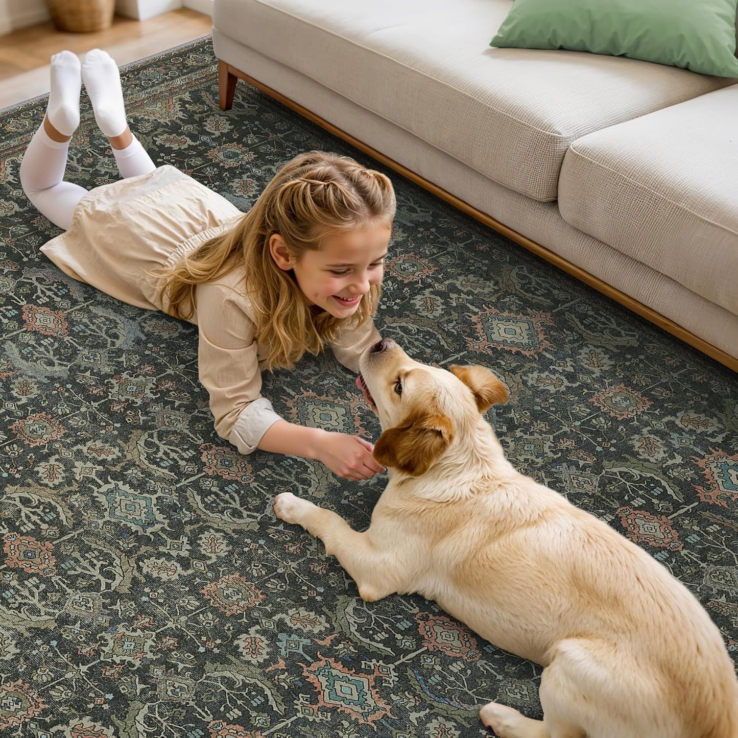 10X14 Area Rugs Machine Washable Rugs for Living Room, Vintage Boho Large Rugs for Bedroom Dining Room, Non Slip Indoor Soft Distressed Lightweight Thin Low Pile Carpet, Black