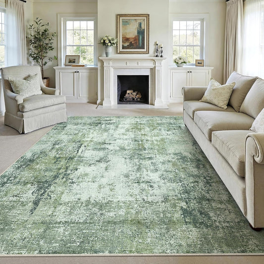 9x12 Area Rug Dark Green Modern Neutral Abstract Living Room Bedroom Indoor Floor Carpet Low Pile Soft Non-Slip Lightweight Vacuumable Washable Large Throw Rug for Nursery Dining Room