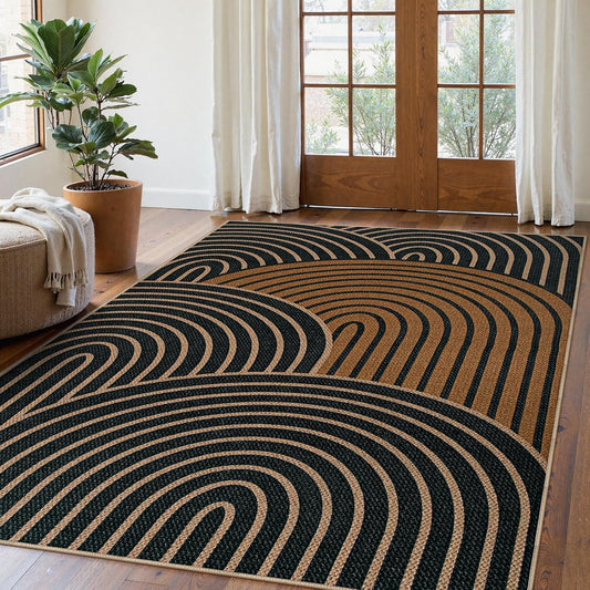 Lahome Modern Rainbow Easy Jute Carpet, Washable Rugs 5x7 for Living Room Black Farmhouse Dining Room Rug, Contemporary Natural Throw Mat Non Slip Floor Carpet for Office RV Patio