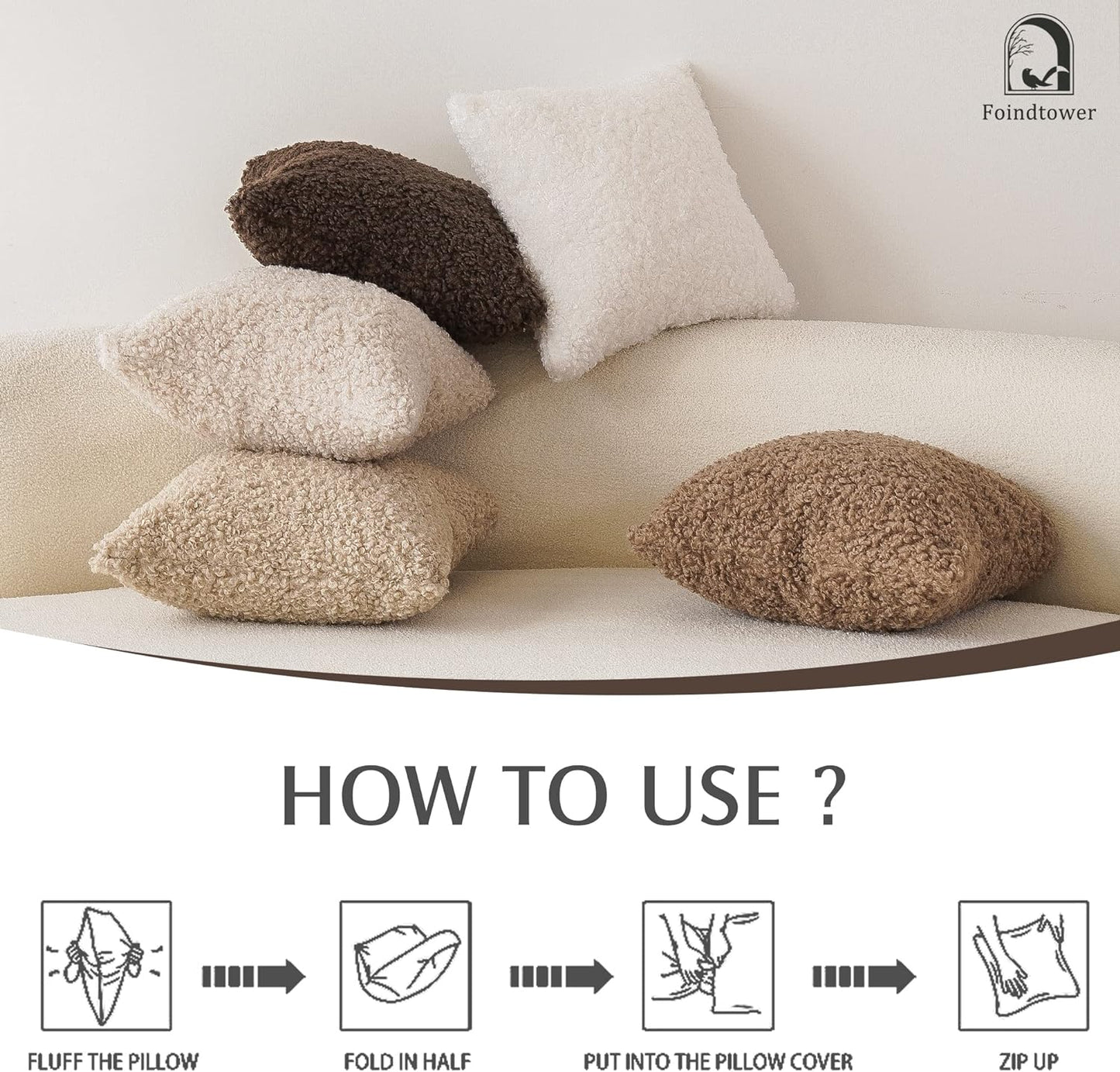 Foindtower 2 Pieces Teddy Faux Fur Throw Pillow Cover Decorative Sherpa Pillow Fuzzy Accent Pillowcases Soft Sheepskin Fleece Cushion Case for Bed Couch Living Room 18x18 Inch Chocolate