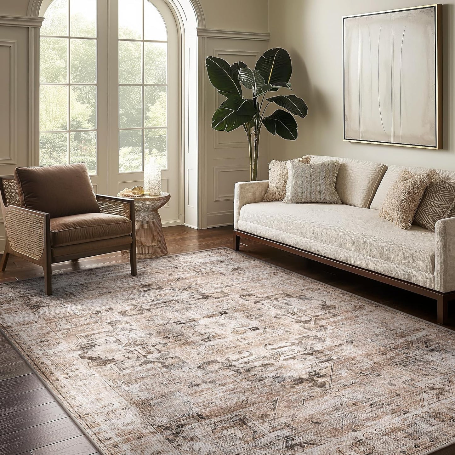 GENIMO 6x9 Area Rugs for Living Room, Machine Washable Non Slip Vintage Retro Rugs, Low Pile Lightweight Thin Print Rug for Bedroom, Dining Room, Home Office, Brownishi Drab