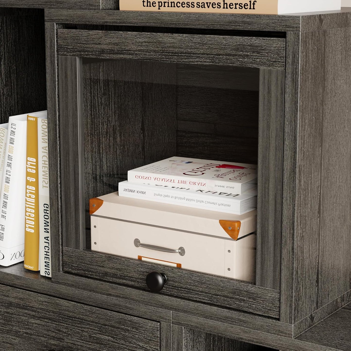 FUSUNBAO Magic DIY Cube Storage Organizer Stackable Cubes for Home Books Clothes Toy-Modular Cubby Storage System-Office Cubical-Bookcase Closet(French Oak, Glass Door Cube)