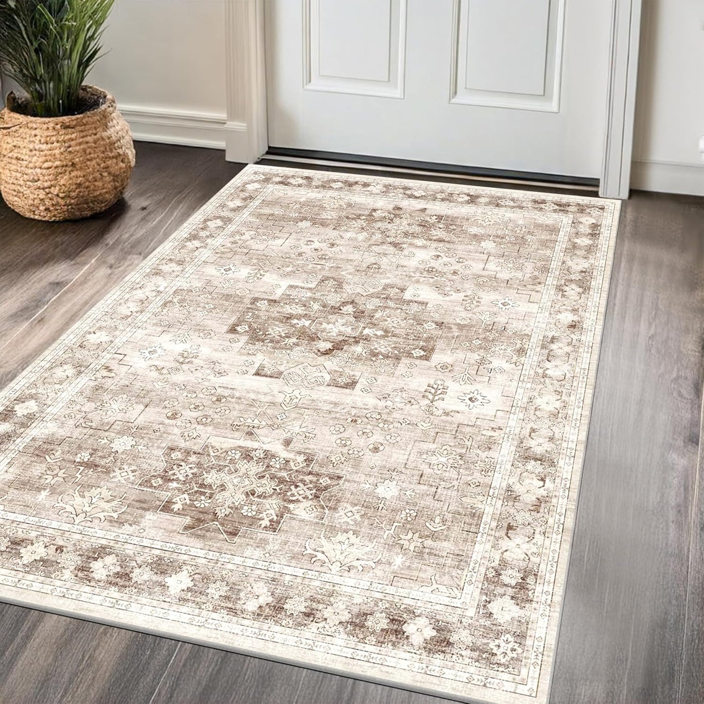 Washable Neutral Farmhouse Large Entryway Rug, 3x5 Area Rugs for Kitchen, Bedroom, Laundry Room, Nursery Room, Boho Vintage Floral Non-Slip Throw Rug Low Pile Stain Resistant (3x5 Beige/Latte)