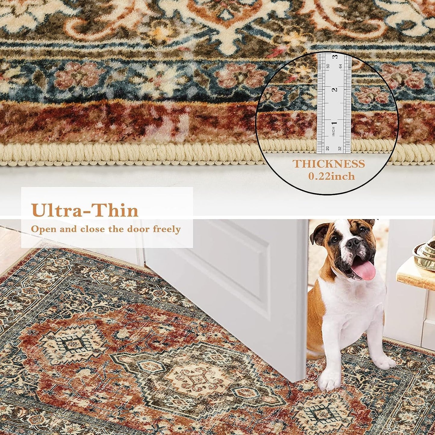 Lahome Oriental Kitchen Runner Rug Non Slip, 2x5 Washable Hallway Runner with Rubber Backing, Vintage Hallway Rug Ultra-Thin Soft Carpet for Bedroom Bathroom, Brick Red