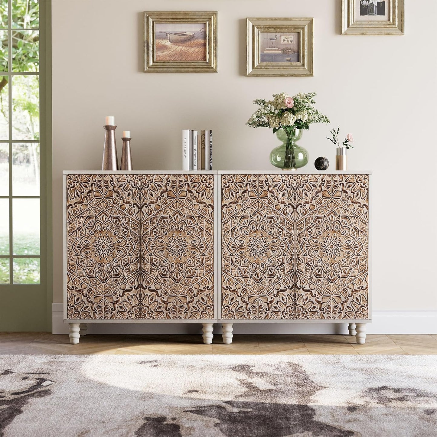 COSIEST Set of 2 32" Buffet Sideboard Cabinets with Vintage Firework Carved Pinewood Doors, Push-to-Open, Storage Accent Cabinet for Living Room, Kitchen, Hallway, Gray