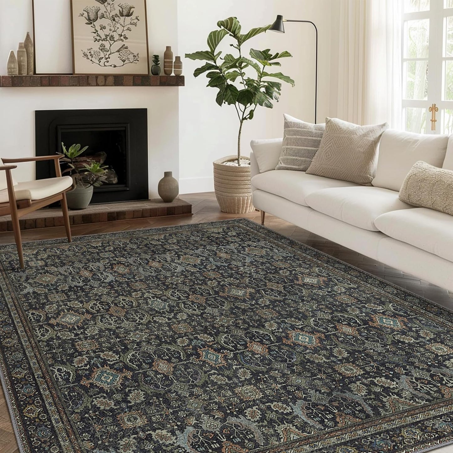 8X10 Area Rugs Machine Washable Rugs for Living Room, Vintage Boho Large Rugs for Bedroom Dining Room, Non Slip Indoor Soft Distressed Lightweight Thin Low Pile Carpet, Black