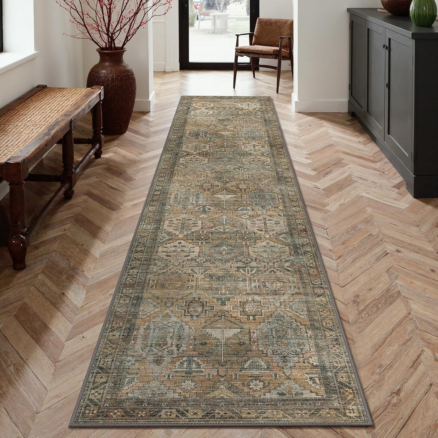 GENIMO 3x8 Runner Rugs for Hallway, Machine Washable Non Slip Vintage Rugs, Low Pile Lightweight Soft Print Rug for enrtyway, Corridor, Home Office, Kitchen, Warm Taupe