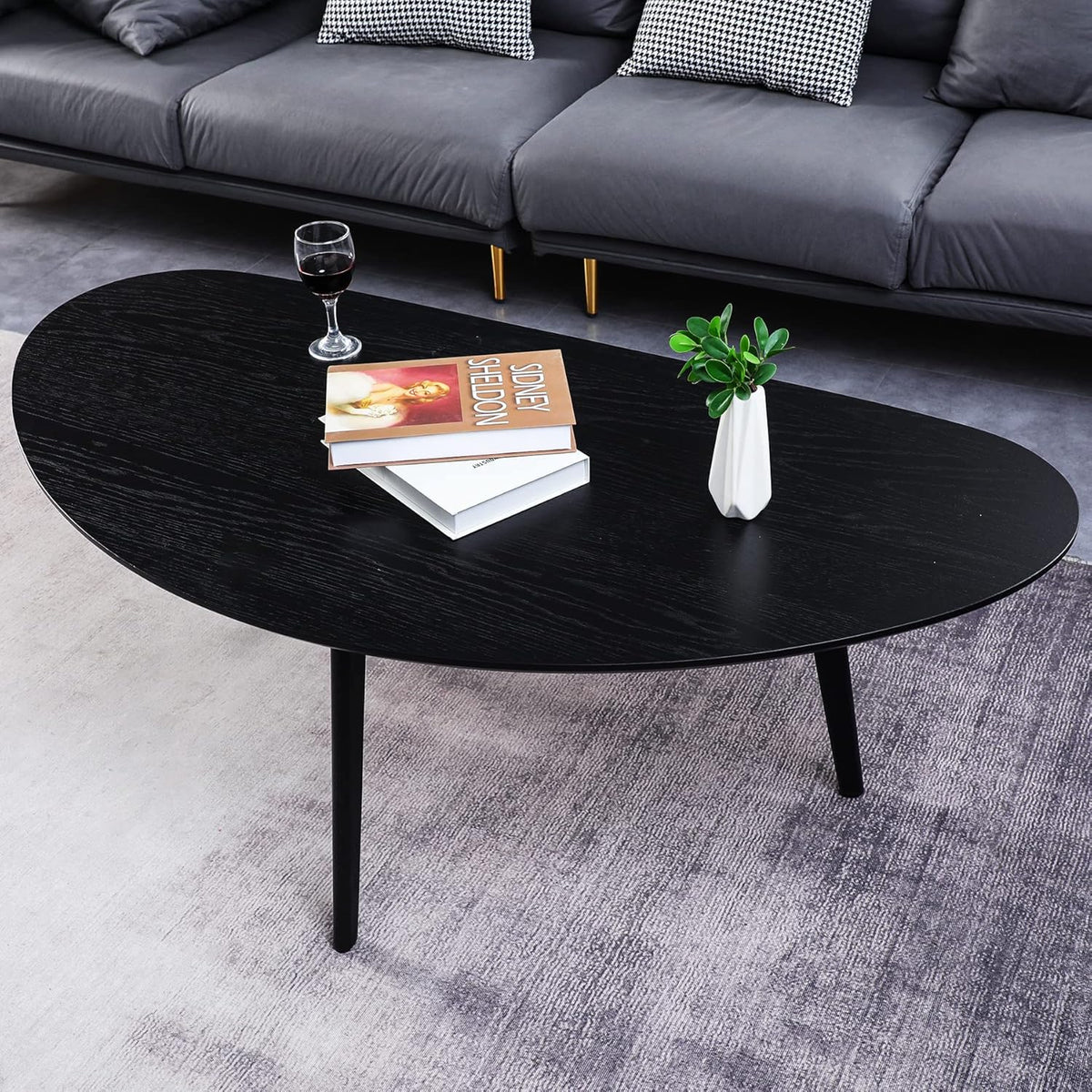 FIRMINANA Mid Century Modern Coffee Table, Oval Black Coffee Table for Living Room & Small Spaces, 47.3" W x 23.63" D x 17.72" H