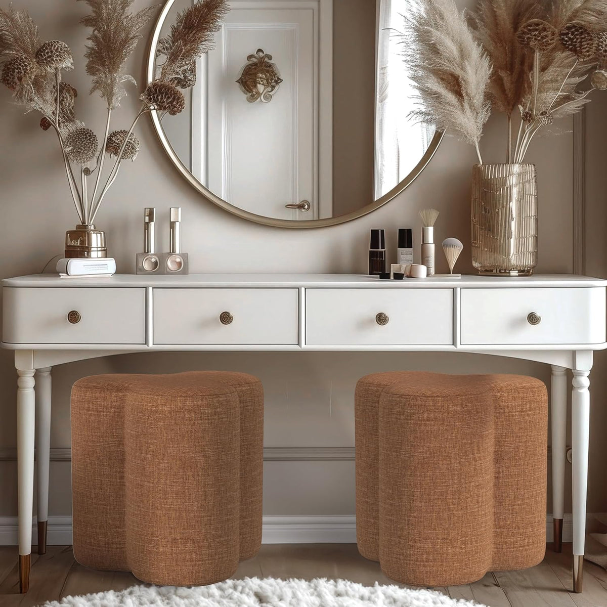 HomePop Upholstered Clover Shaped Ottoman (No Lid, Seat Only) Home Décor | Foot Rest Pouf – Rust Orange Chenille