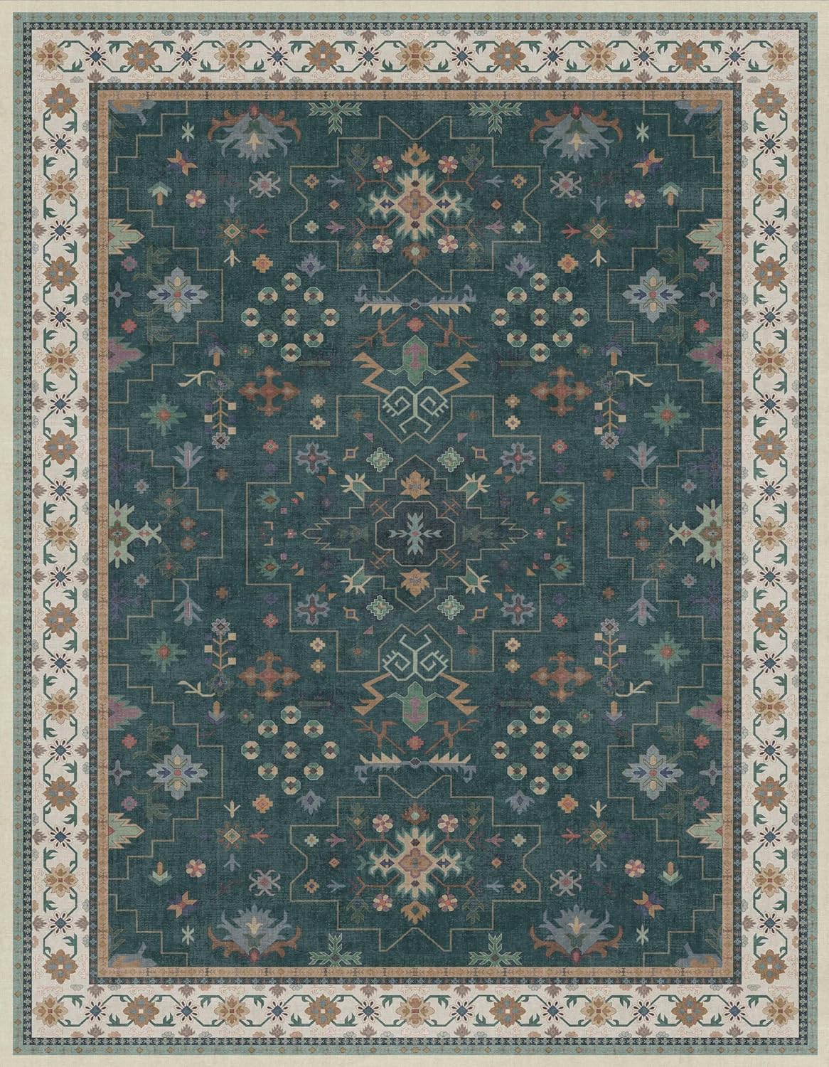 Vintage Dark Green 7x9 Dining Room Rugs for Under Kitchen Table - Washable Livinig Room Rug - Unique Floral Pastel Low Pile Non-Slip Area Rugs for Bedroom