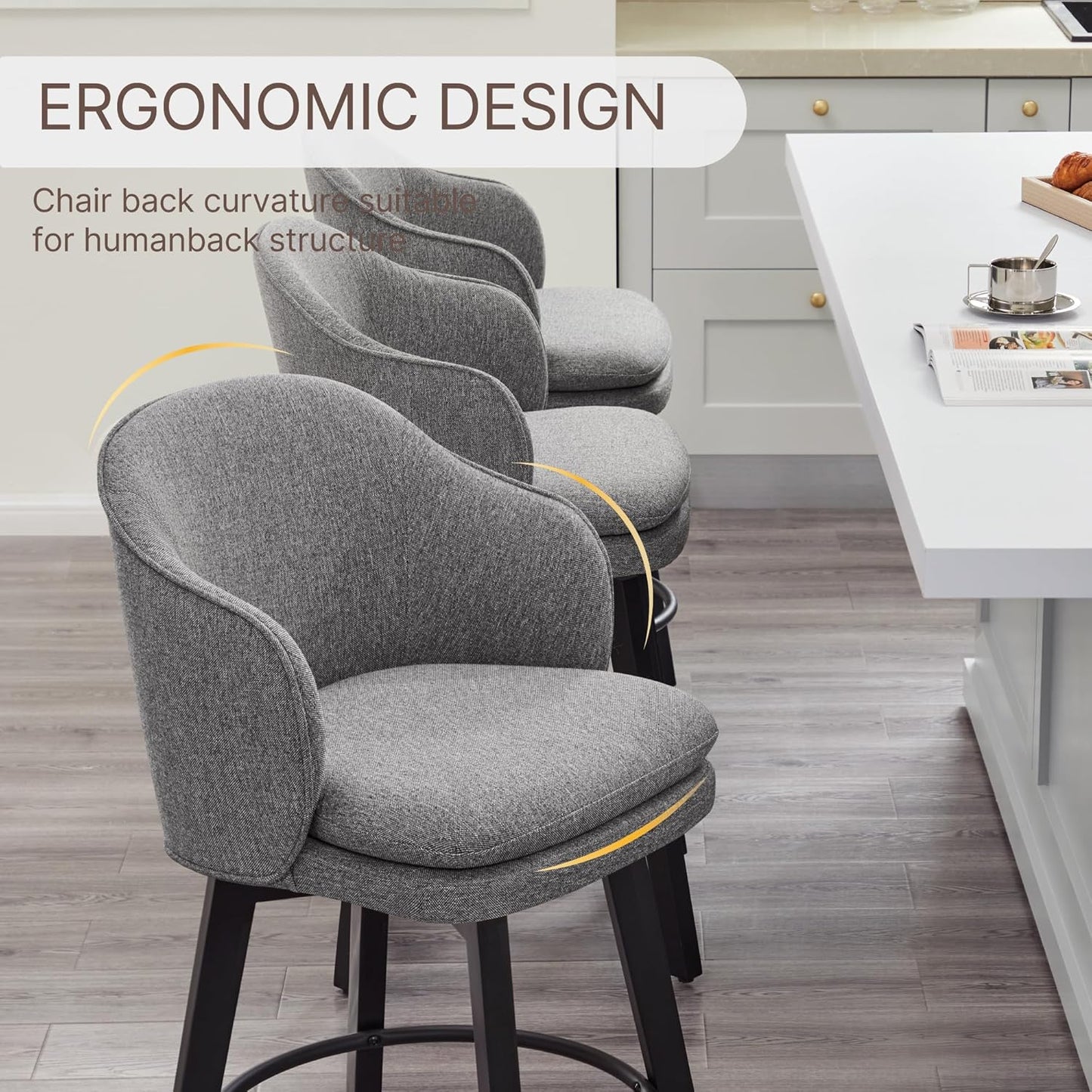 Counter Height Barstools 26 inch Upholstered Swivel Bar Stools with Back and Wood Legs for Kitchen Island,Set of 3,Dark Grey Fabric