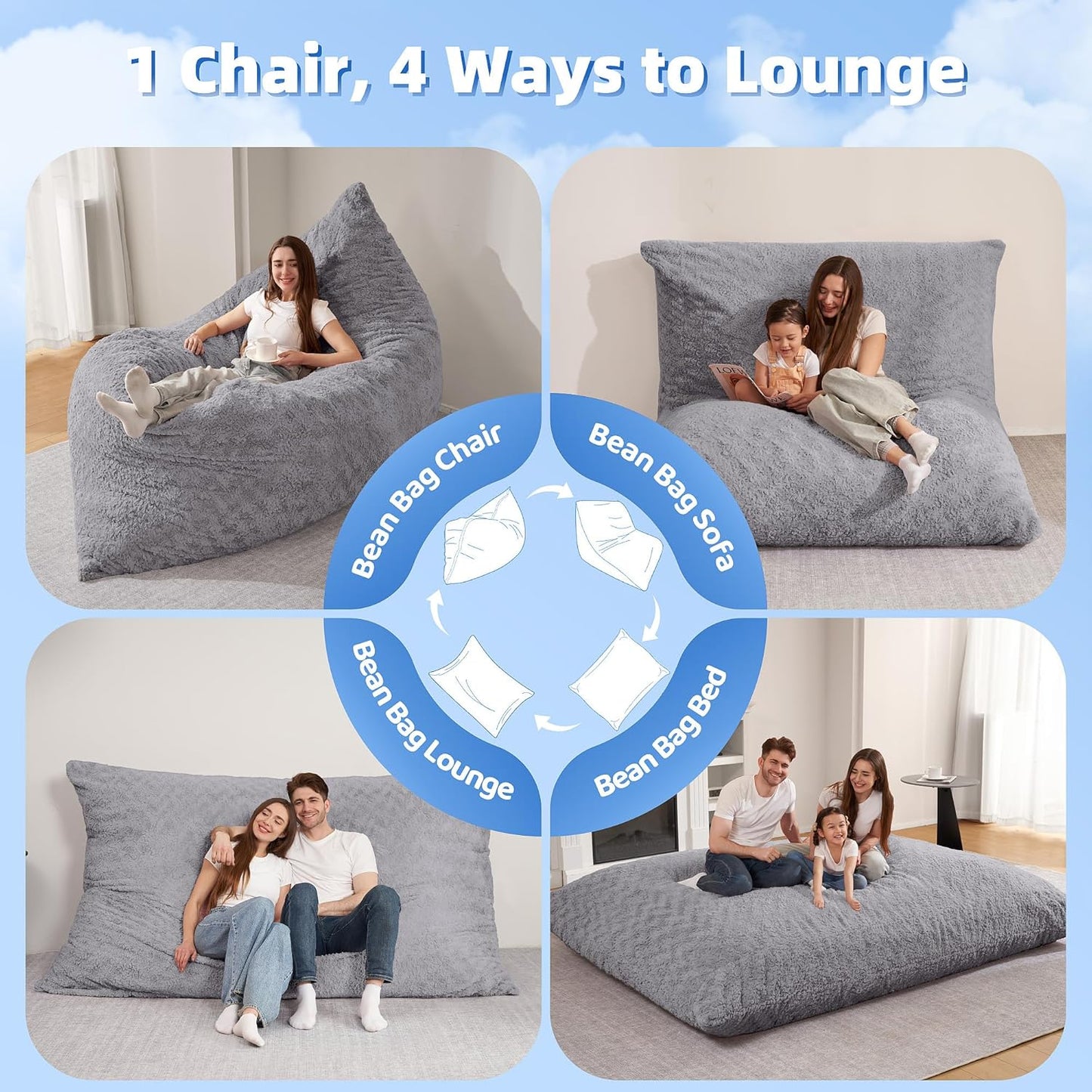 HABUTWAY 4 in 1 Bean Bag Chair, Giant Memory Foam Filling Bean Bag Sofa, Adult Bean Bag Chair, Machine Washable Faux Fur Cover, Bean Bag for Adult (Light Grey)