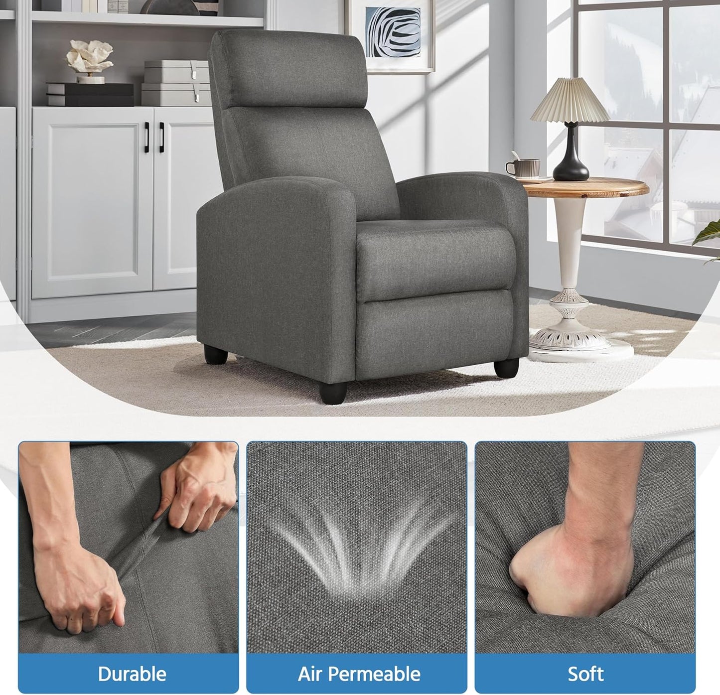 Yaheetech Fabric Recliner Chair Sofa Ergonomic Adjustable Single Sofa with Thicker Seat Cushion Modern Home Theater Seating for Living Room Matte Grey