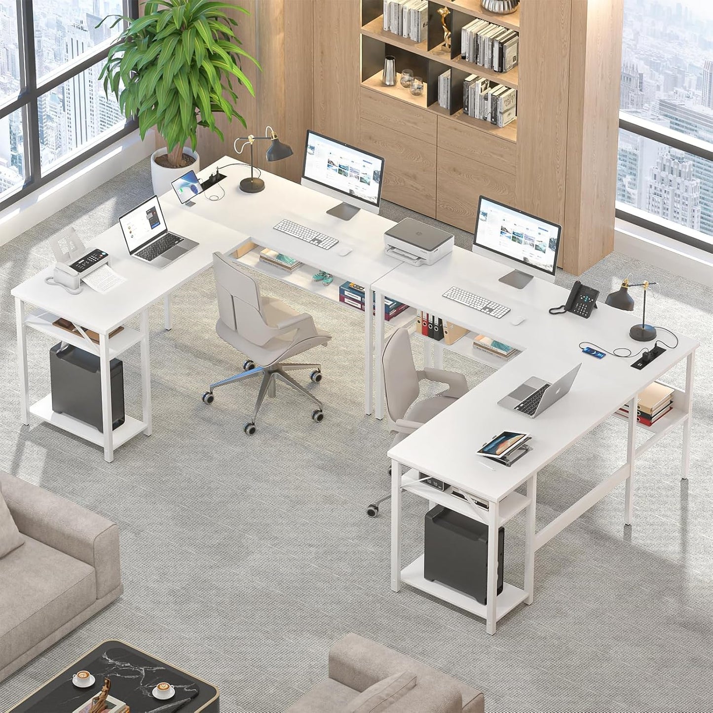 Reversible L Shaped Gaming Desk with Power Outlets and USB Charging Ports, Sturdy Computer Desks with Storage Shelf, Modern Corner Desk Home Office Table, Easy to Assemble, White