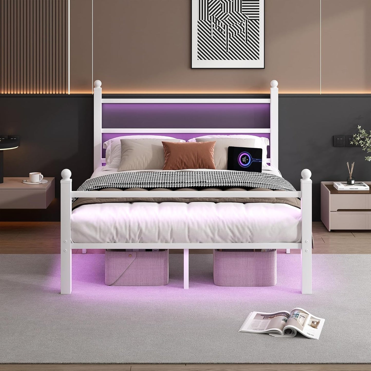 Queen Bed Frame with Headboard and Footboard,Steel Slats Support-LED Bed Frame with USB Charging Station,Mattress Foundation-Under Bed Storage,No Box Spring Needed,Noise Free,White