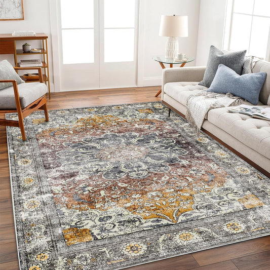 Area Rug 5x7 Washable Rug Brown Vintage Traditional Floor Cover Foldable Thin Retro Kitchen Accent Indoor Distressed Non Slip Carpet Bedroom Living Room Bathroom