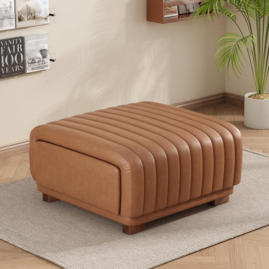 Christopher Knight Home Reyno Upholstered Ottoman with Storage for Living Room, Faux Leather Storage Ottoman Foot Rest with Side Drawers, Modern Square Coffee Table with Wooden Frame, Brown