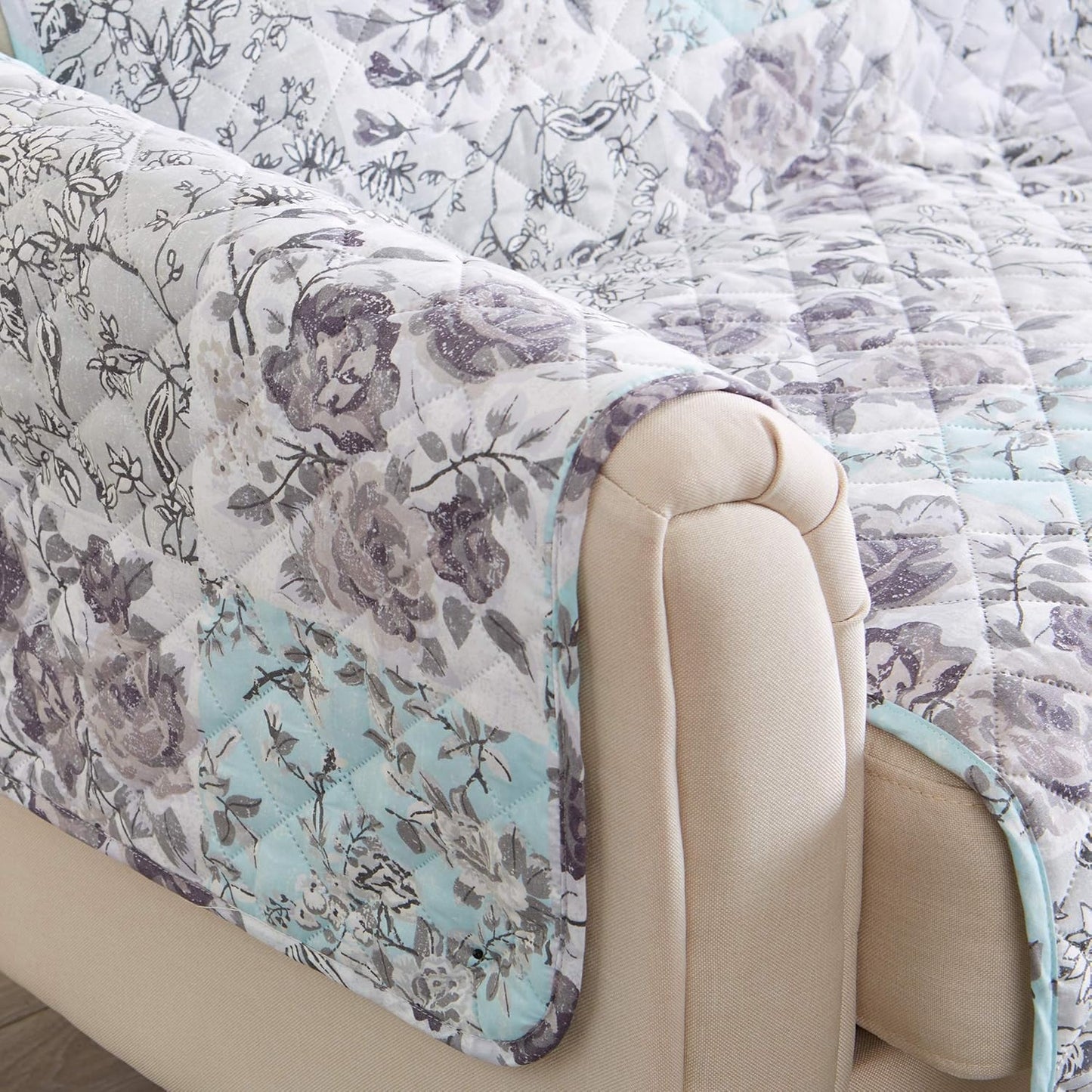 Reversible Floral Patchwork Furniture Protector Scalloped Edge Stain Resistant Printed Furniture Protector Maribel Collection (Recliner, Gray/Aqua)