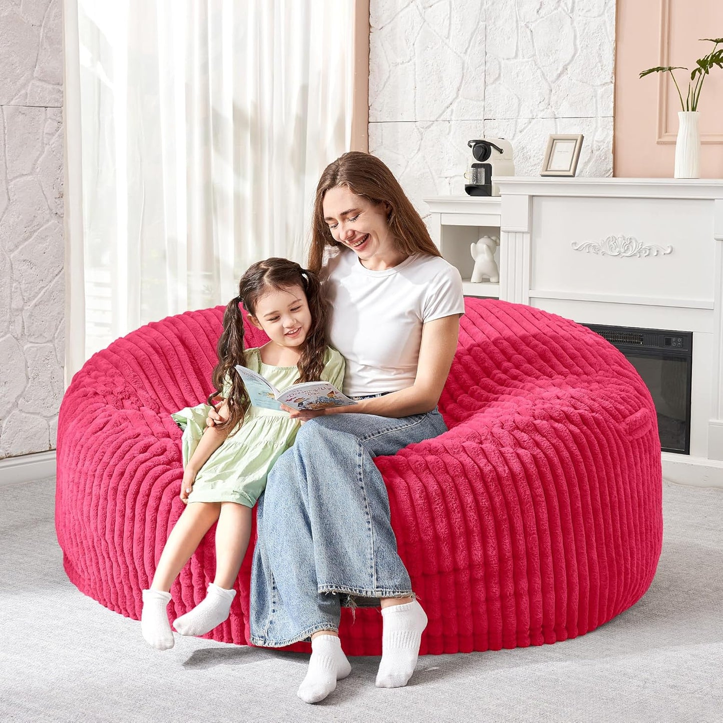 HABUTWAY 3FT Bean Bag Chair, 3' Large Bean Bag Chairs for Adults with Removable Stripe Plush Cover, Memory Foam Beanbag Chair for Living Room Bedroom Dorm (Pink)