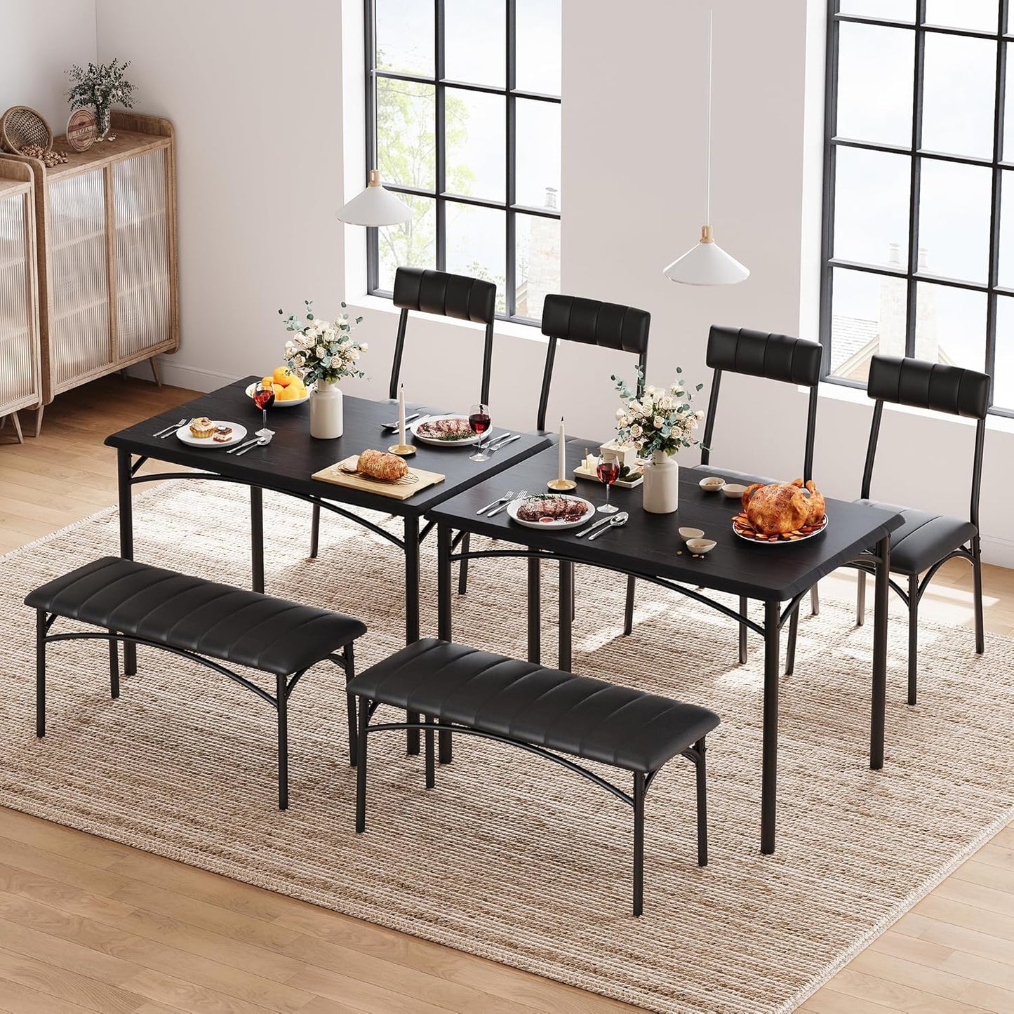 GAOMON Dining Table Set for 4 with Upholstered Bench and 2 Chairs, Rectangular Dining Room Table Set for 4 for Small Space, Apartment, Dinner, Rustic Black