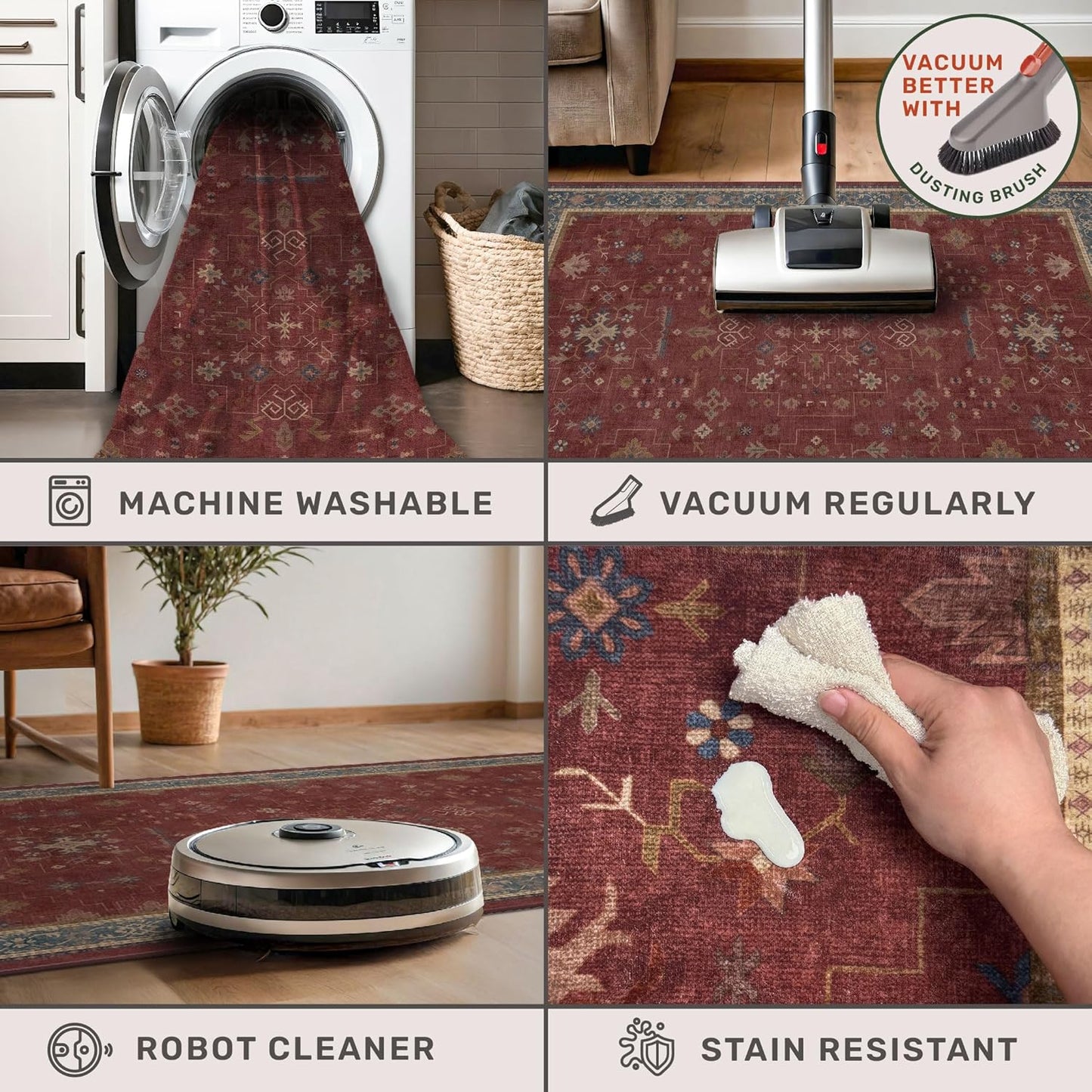 6x9 Dining Room Rugs for Under Table - Vintage Burgundy Boho Living Room Rug, Lightweight Washable Foldable Low Pile Carpet,Southwestern Bed Room Décor Aesthetic