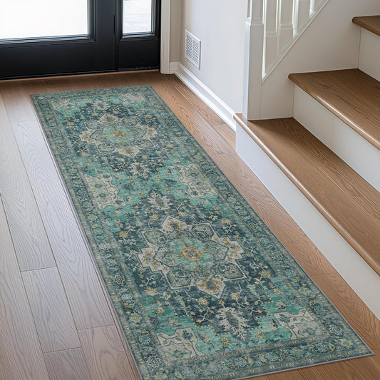 GENIMO 2x6 Runner Rugs for Hallway, Machine Washable Non Slip Vintage Rugs, Low Pile Lightweight Soft Print Rug for Enrtyway, Corridor, Home Office, Kitchen, Dark Green