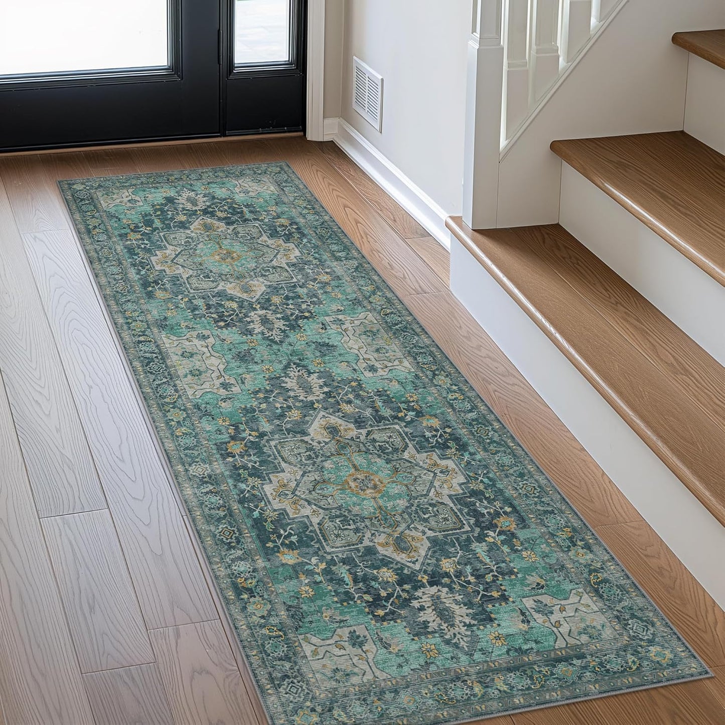GENIMO 2x10 Runner Rugs for Hallway, Machine Washable Non Slip Vintage Rugs, Low Pile Lightweight Soft Print Rug for Enrtyway, Corridor, Home Office, Kitchen, Dark Green