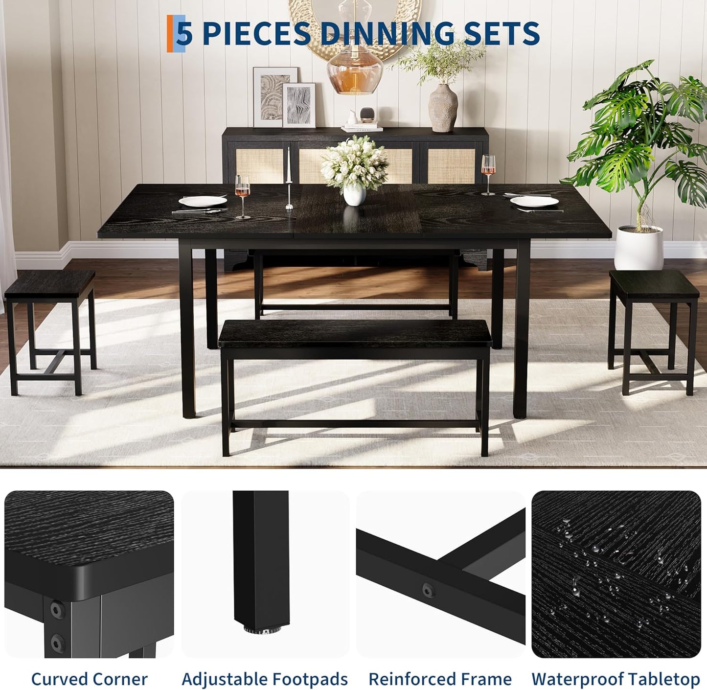 Garvee 5 PCs Extendable Dining Table Set for 4-8 People, 63 Inch Kitchen Table with 2 Benches & 2 Stools, Modern Dining Room Furniture, Easy Assembly Metal Frame