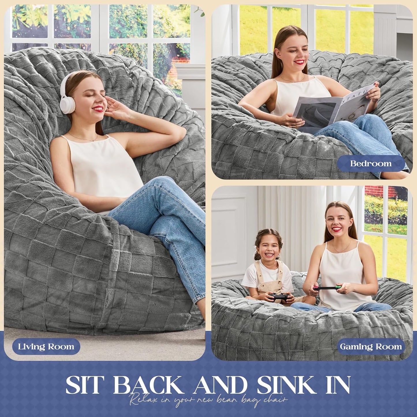 Hobestluk Bean Bag Chairs Beanbag Chair with Filler Adult Bean Bags with Fluffy Plaid Cover, Giant Bean Bag Chairs for Adults for Living Room, Bedroom (Grey, 3FT - 36” x 36” x 22”)