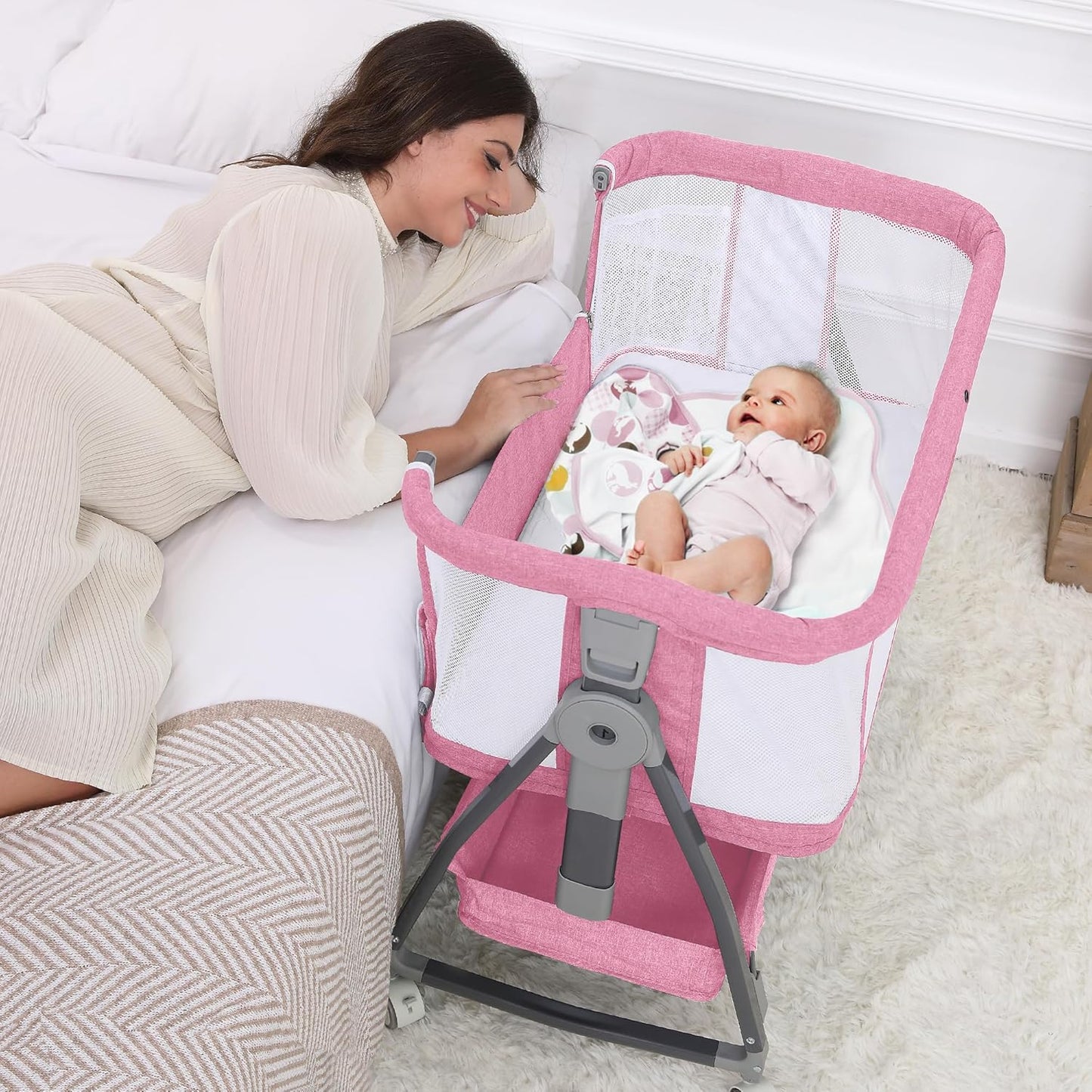 Baby Bassinet Bedside Sleeper, 3 in 1 Rocking Bassinet for Baby, Arms Reach Co Sleeper Bassinet with Wheels, Adjustable Height, Storage, Mattress & Canopy (Pink)