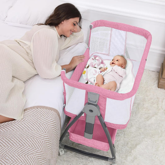 Baby Bassinet Bedside Sleeper, 3 in 1 Rocking Bassinet for Baby, Arms Reach Co Sleeper Bassinet with Wheels, Adjustable Height, Storage, Mattress & Canopy (Pink)