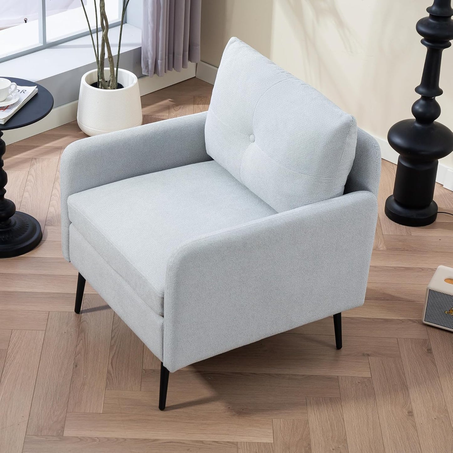Ball & Cast Accent Chair with Metal Black Legs,Comfy Chenille Club Fabric Armchair,Single Sofa Chair for Living Room Bedroom,Dining Accent for Bedroom,Office,Sage