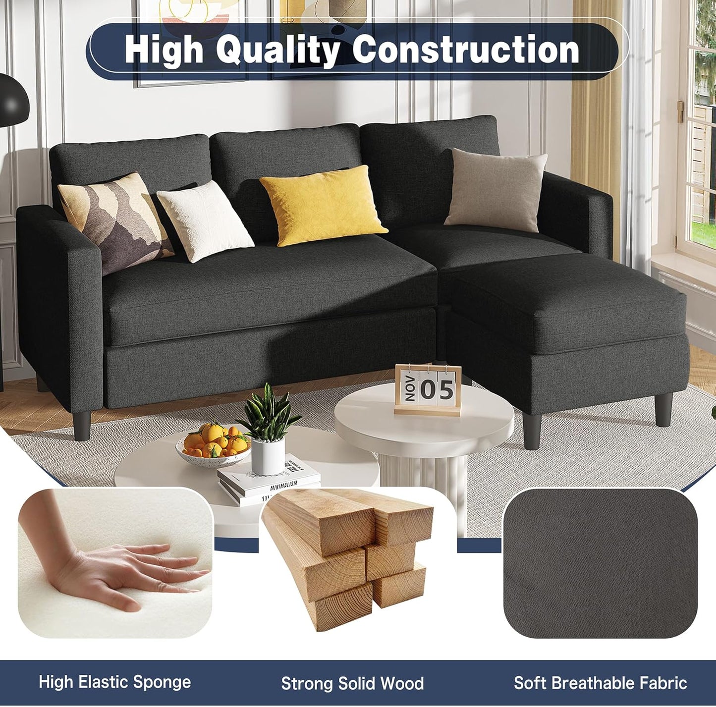 Small Sectional Sofa Couch, 3 Seat L Shaped Couches with Ottoman, Upholstered Fabric Convertible Sofa, Small Couch for Apartments, Living Room and Office (Black)