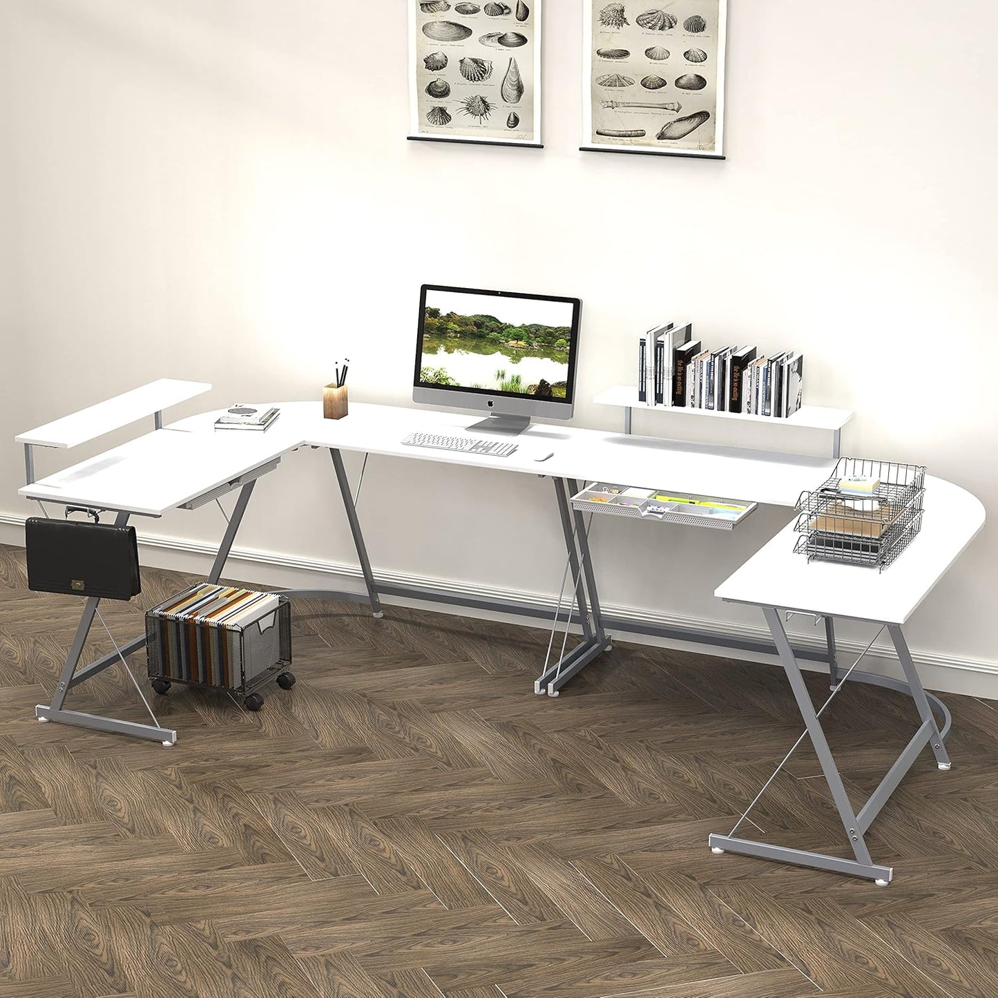 SHW 51 x 51 Inches Vista L-Shaped Desk with Monitor Stand and Drawer, White