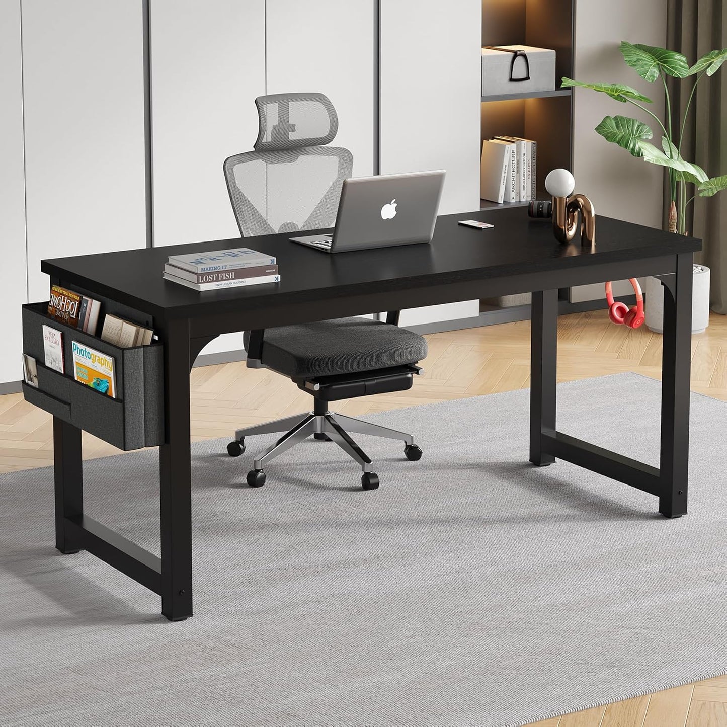 Large Computer Desk - 63 Inch Home Office Desks Study Student Writing Table Gaming Desk Wood Modern Simple Table with Storage Bag & Headphone Hooks, Black