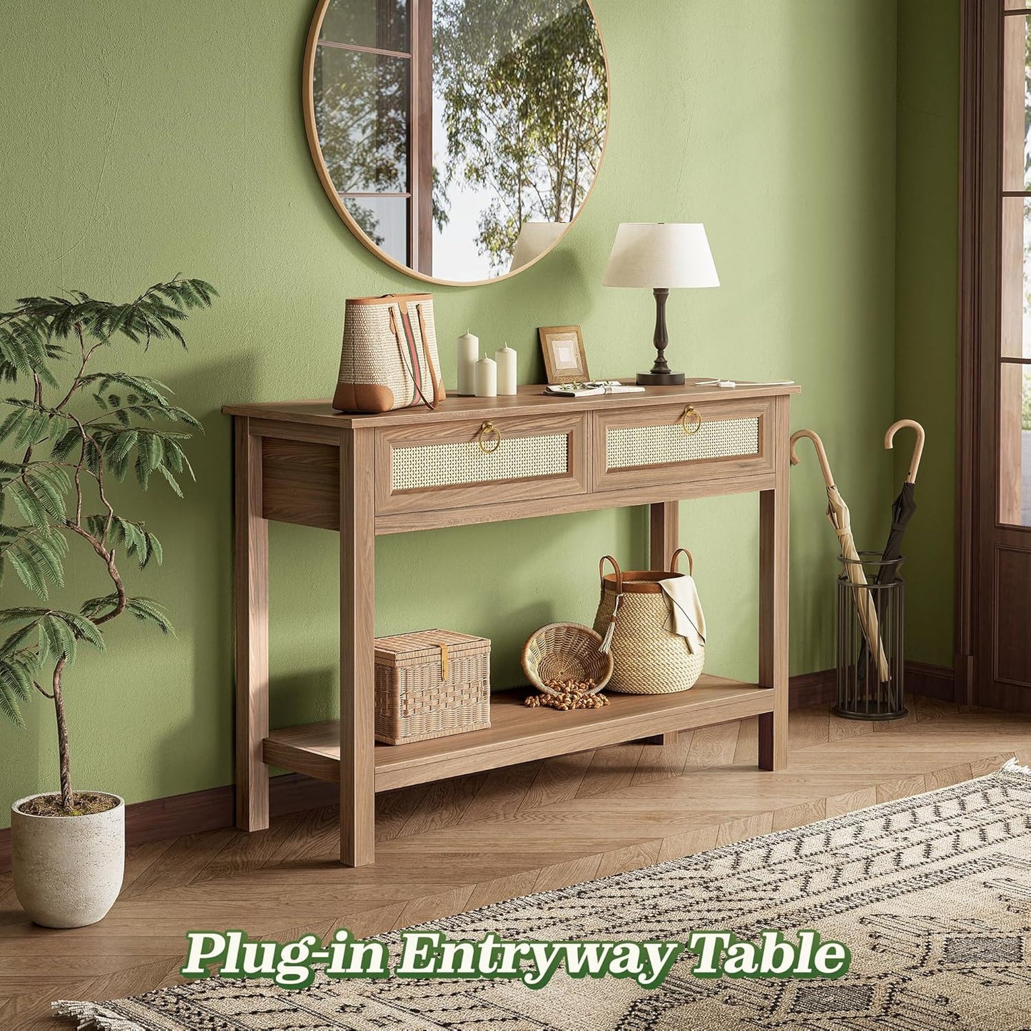 SUPERJARE Rattan Console Sofa Table with Outlets and USB-C Port, 2 Drawer Entryway Table with Synthetic Rattan Surface, 39 Inch, Open Shelf, Behind Couch Entry Foyer Hallway Storage, Brown