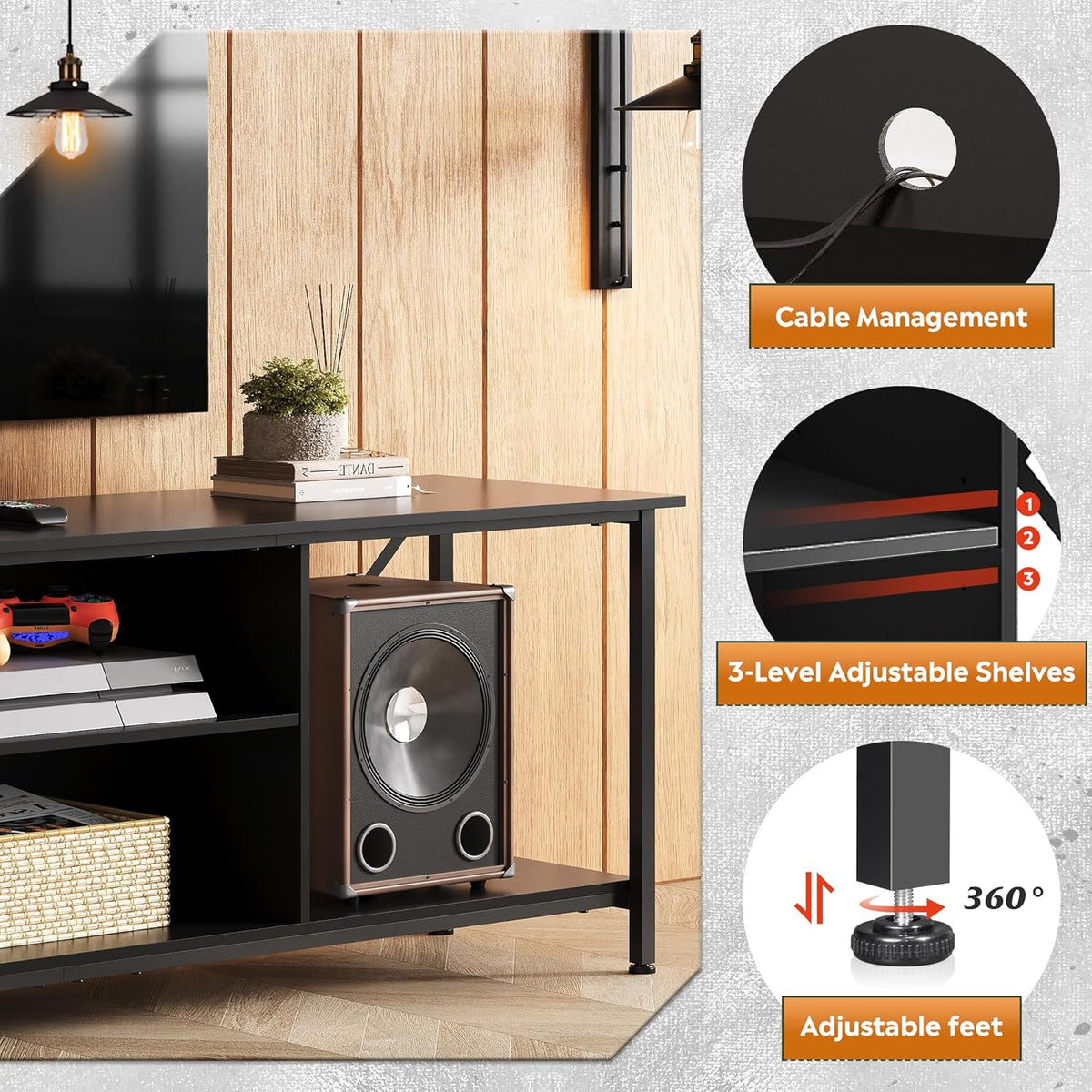 WLIVE TV Stand for 70 Inch TV, Entertainment Center with Storage, Industrial TV Console for Living Room and Bedroom, Black