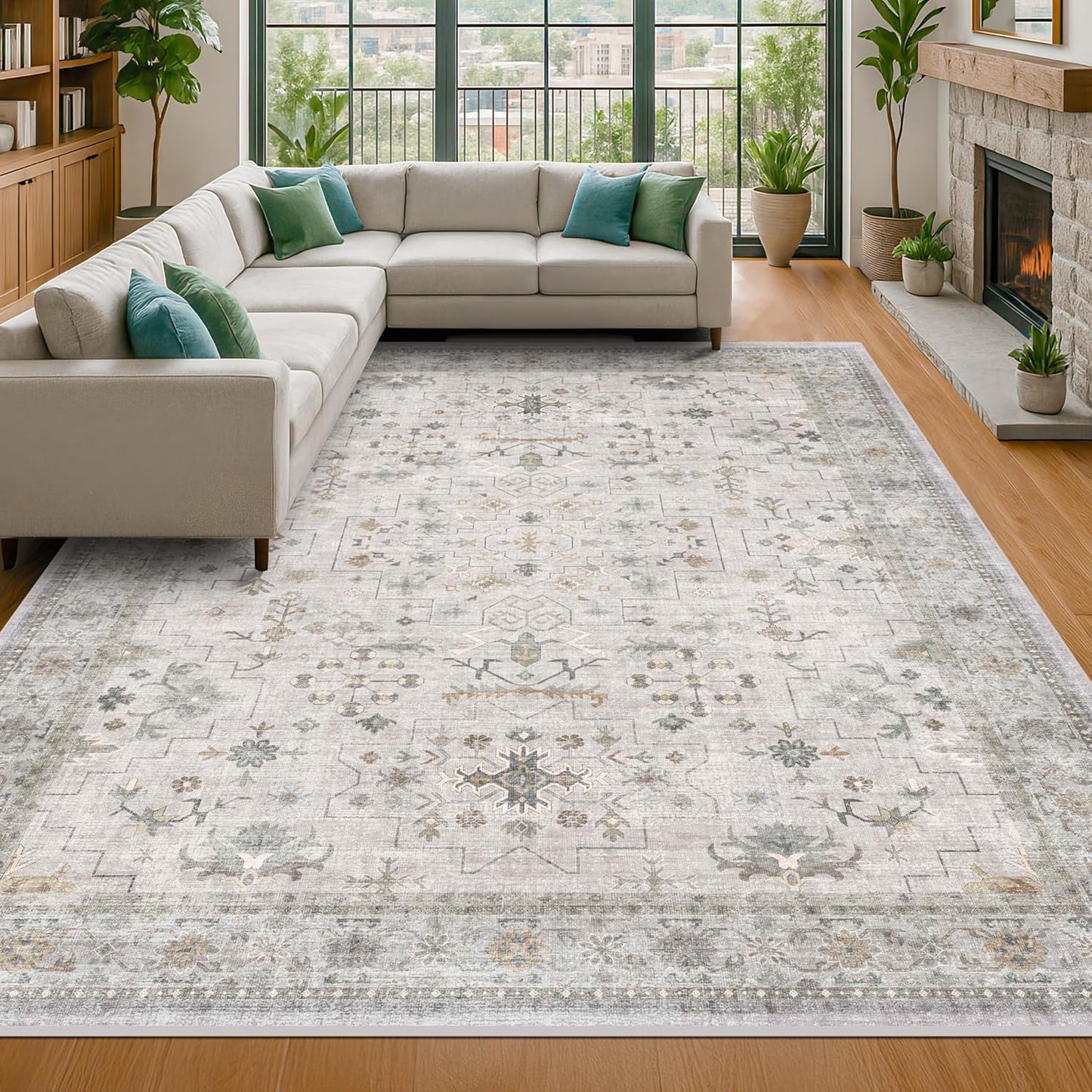 Boho Light Grey Living Room Rug 7x10 - Modern Vintage Eclectic Floral Pastel Neutral Taupe, Washable Low Pile Non-Slip Large Area Rugs for Dining Under Table Bedroom Lounge