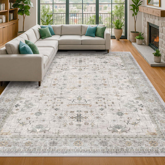 Boho Light Grey Living Room Rug 8x10 - Modern Vintage Eclectic Floral Pastel Neutral Taupe, Washable Low Pile Non-Slip Extra Large Area Rugs for Dining Under Table Bedroom Lounge
